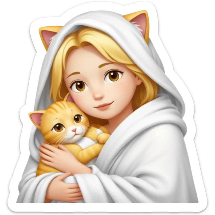 A beautiful girl with fair skin who just took a bath and wrapped in a white blanket hugged a golden cat sticker