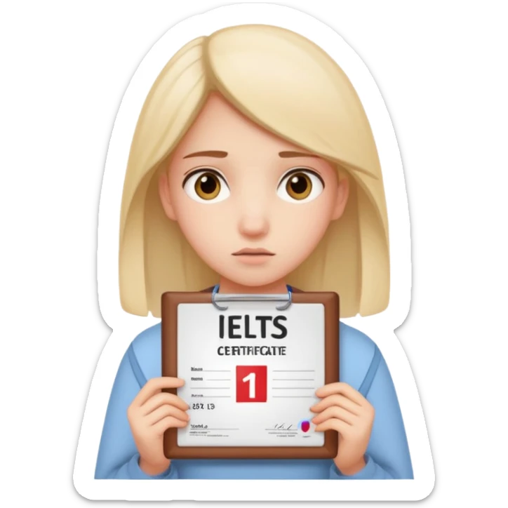 The girl shows her IELTS certificate with a score of 3.0 in disappointment sticker
