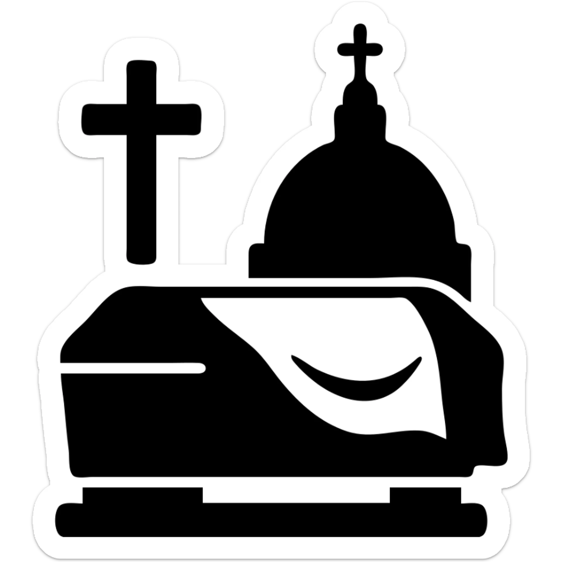 Minimalist representation of a papal funeral with the papal cross, St. Peter's dome, and a draped coffin sticker