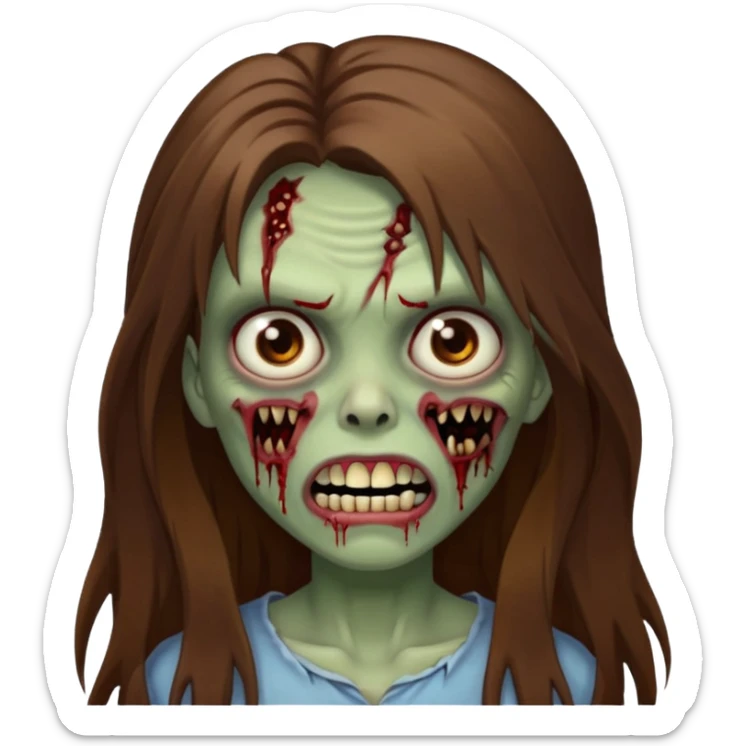 Girl zombie with brown long hair with teeth and serious face IOS 2019 style sticker