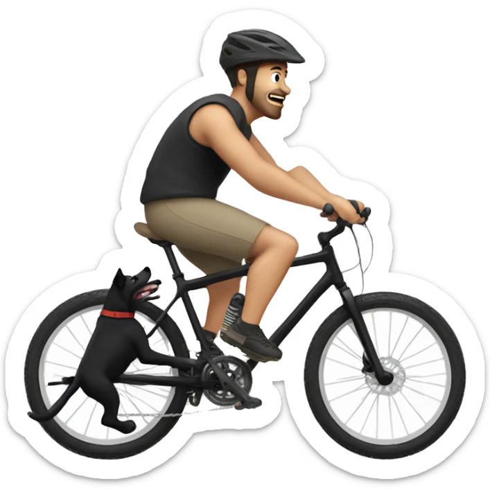 white Man riding mountain bike with black boxer dog running alongside him sticker