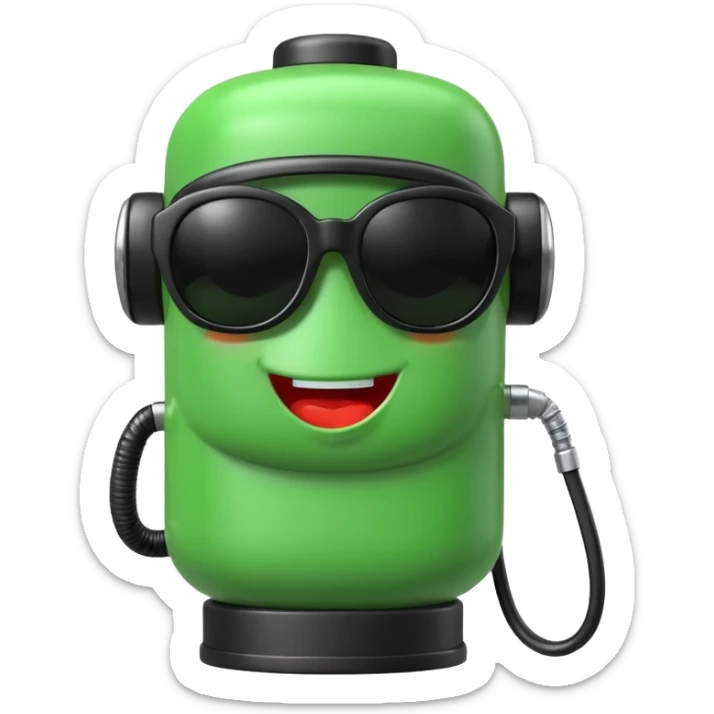 A cute 3D icon of a green gas pump character wearing oversized black sunglasses. Round and chubby proportions, glossy toy-like texture, soft pastel lighting, friendly expression, smooth edges, high-quality render, isolated on a transparent background. sticker