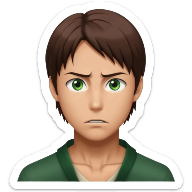 “Make him look like Eren Yeager S3 — long brown hair tied back, strong jawline, sharp green eyes, that cold, intense Eren vibe.” sticker