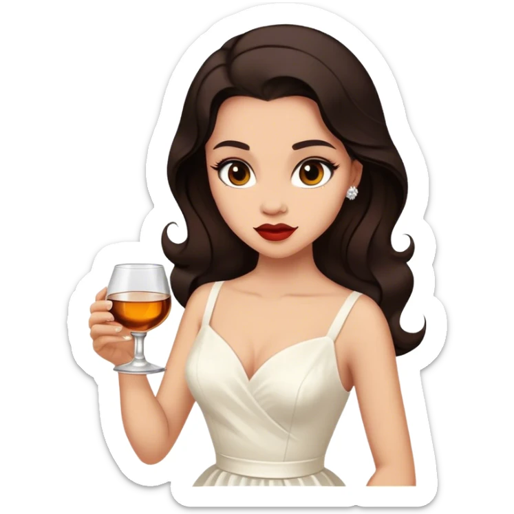 Beautiful woman in 1950’s woman fashion look, white dress, long dark brown hair, whisky with ice sticker