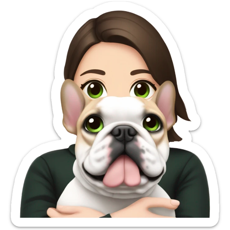 Brunette with dark green eyes in black sweater cuddling with her pied french bulldog who has black head with white line between eyes and pink harness sticker