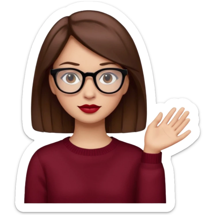 părul carre, șaten, ochii căprui, buzele roșii, ochelarii cu ramă neagră și pulover bordo sticker