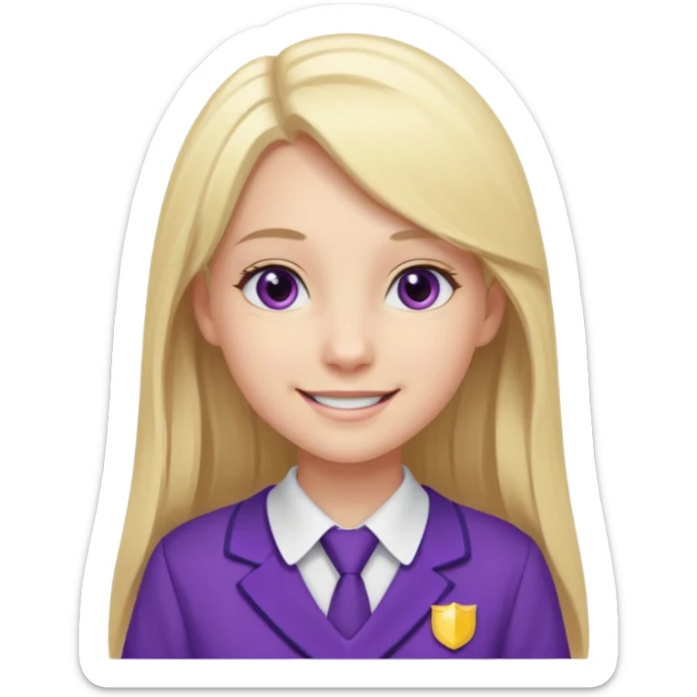 A pale girl with gray eyes and long and blonde straight hair , smiling wearing a purple school uniform  sticker