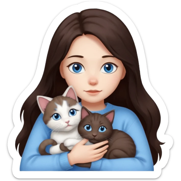 a girl with long dark 
brown hair, with blue eyes, in a
white sweater, hugs 3 different natural coloured cats sticker