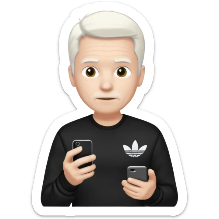 Hombre blanco con cabello blanco ropa negra Adidas y un teléfono en la mano derecha viéndolo sticker