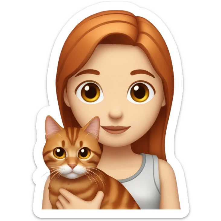 Copper red straight haired girl with dark brown eyes holding a Siberian tabby cat sticker