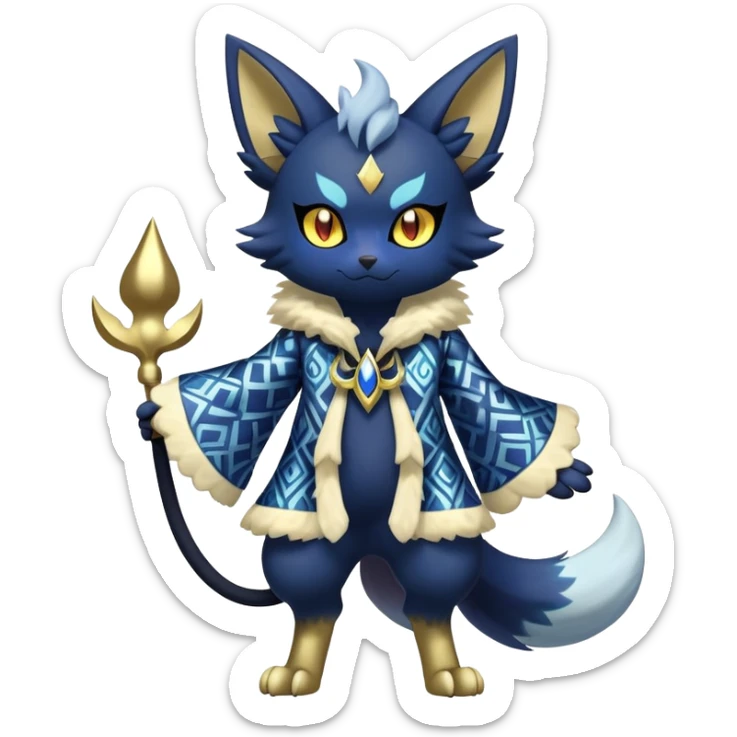 Shiny Exotic Badass Colorful Ethereal Royal Mysterious Gothic Meowstic-Zorua-Litten-Noibat-Pokémon-Fakémon-hybrid-creature (full body) with pattern-markings with golden eyes sticker