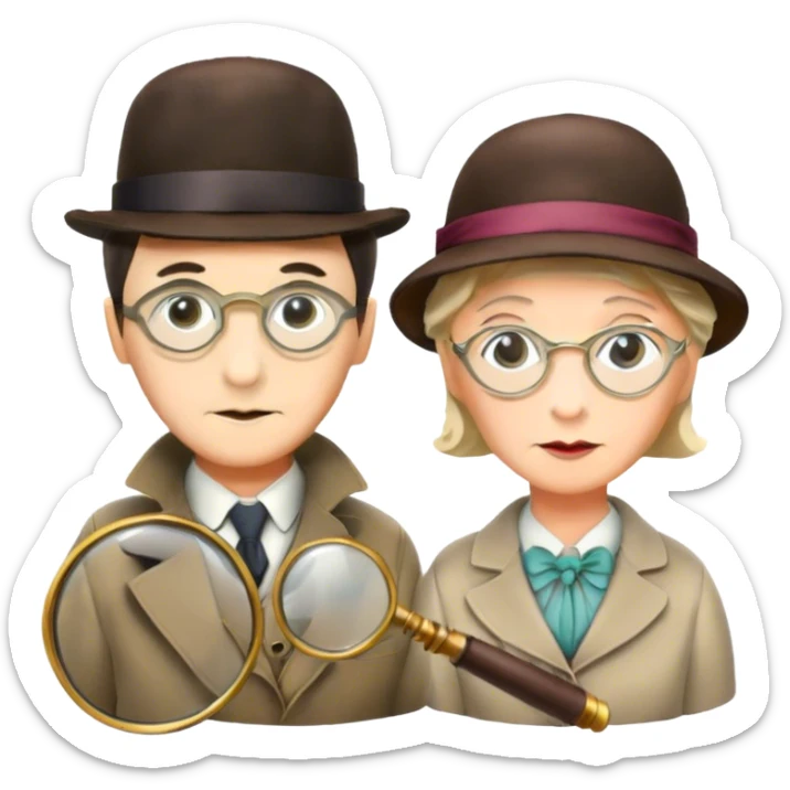 Icon for Detective Movies: A colorful collage with Sherlock Holmes, Miss Marple, and Pinkerton. Include magnifying glasses, clues, and detective tools. The design should evoke mystery and intrigue, with a classic detective movie feel. Transparent background. sticker