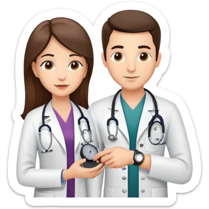 Doctor measuring patient's blood pressure with sphygmomanometer and stethoscope, medical pressure check sticker