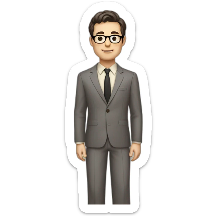 Full height Pale skinned Fit Man With dark brown hair in classic gray suit, beige office shirt, dark gray tie, and vintage glasses. Thrumbs of his palms directed up sticker