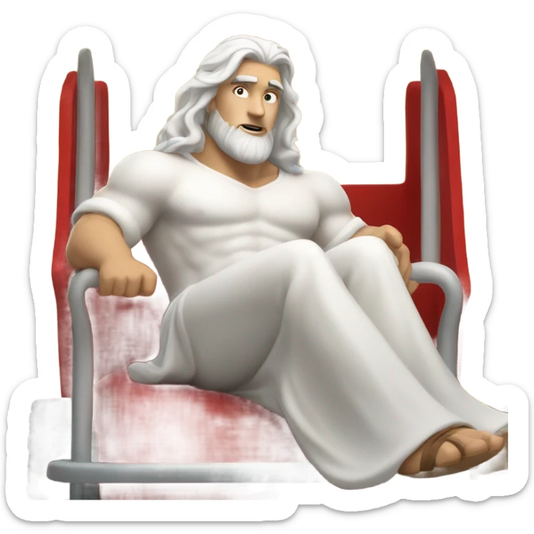 white man Poseidon driving red truck. long white hair white dress sticker