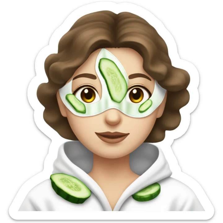 White girl with Brown hair and blue eyes wears a Green skincare textured mask and puts on cucumbers around her eyes while She relaxes in her white Robe sticker