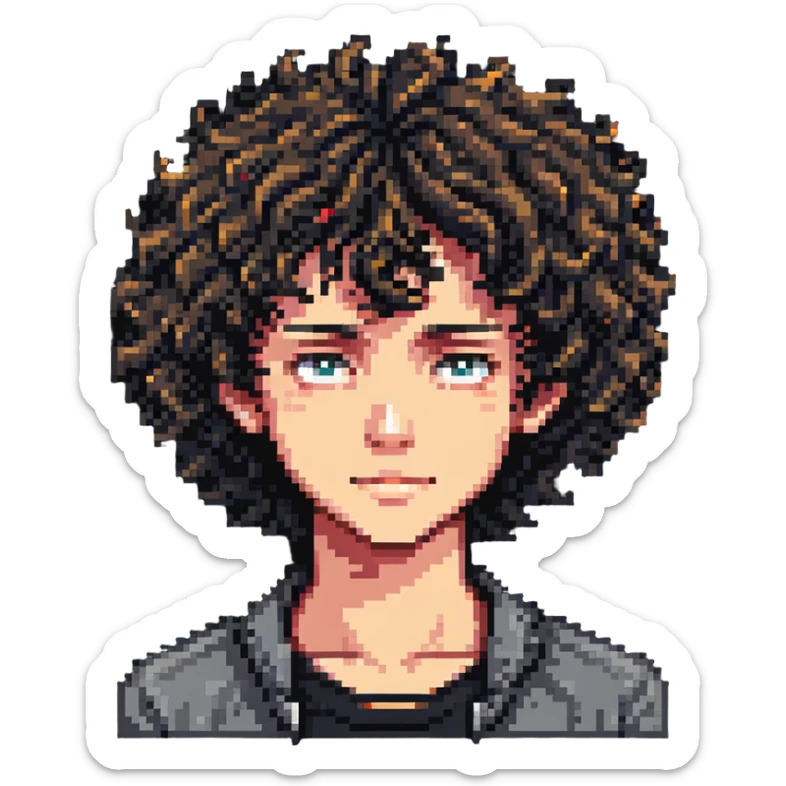Teen boy character with curly hair, youthful face sticker