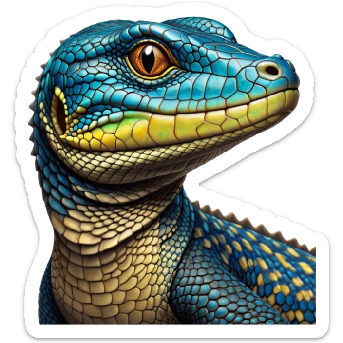 Cinematic Noble Monitor Lizard Portrait Emoji, Poised and regal, with a robust, scaled body exhibiting striking, mottled patterns and piercing, alert eyes, Simplified yet sharp and sophisticated features, highly detailed, glowing with a soft, earthy glow, high shine, intelligent and formidable, stylized with an air of ancient wilderness, focused and commanding, soft glowing outline, capturing the essence of a watchful and confident reptilian guardian that appears ready to stride out of the screen with effortless authority! sticker