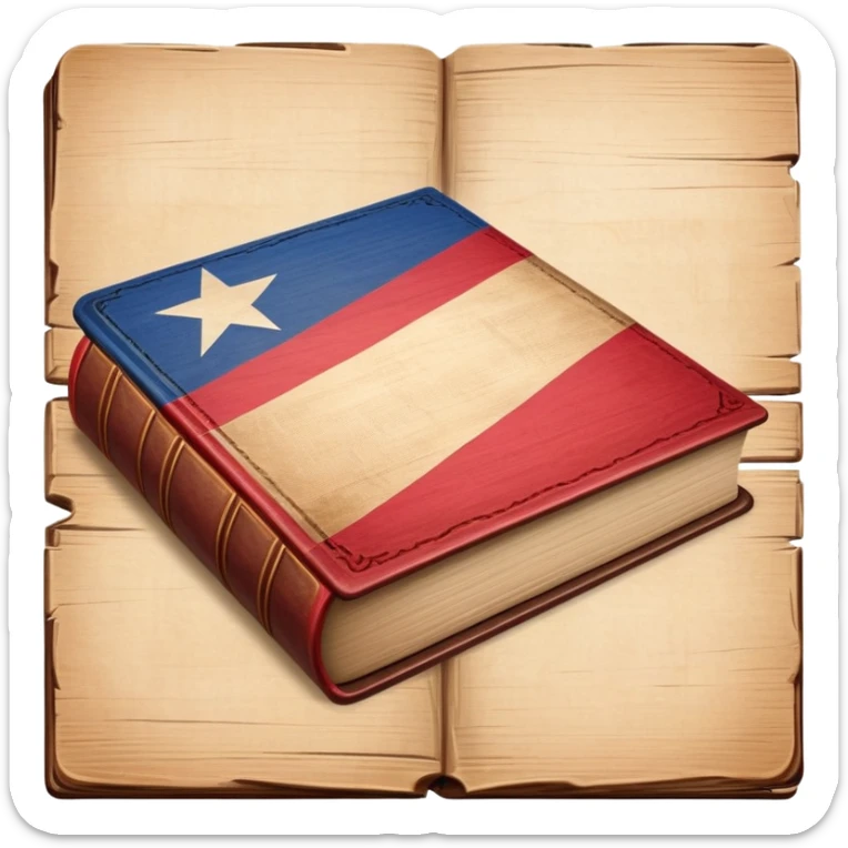 Elegant aged book with the Puerto Rican flag embossed on the cover, wooden theater stage symbol, vintage textured cover with warm wood and parchment tones, slightly glowing, representing the eternal legacy of scenic design in Puerto Rico sticker