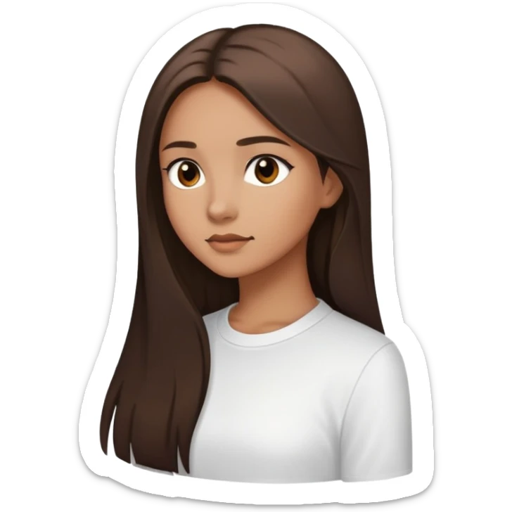 Feminine girl with light brown skin, dark straight long hair and dark eyes, wearing a white shirt, profile picture style sticker