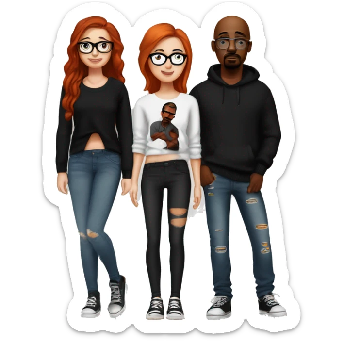redhead girl with glasses wearing a cute sweater and black leggings, dark brown haired girl wearing black leggings and a cute sweater, bald guy wearing a beanie and ripped jeans with a 2pac shirt sticker
