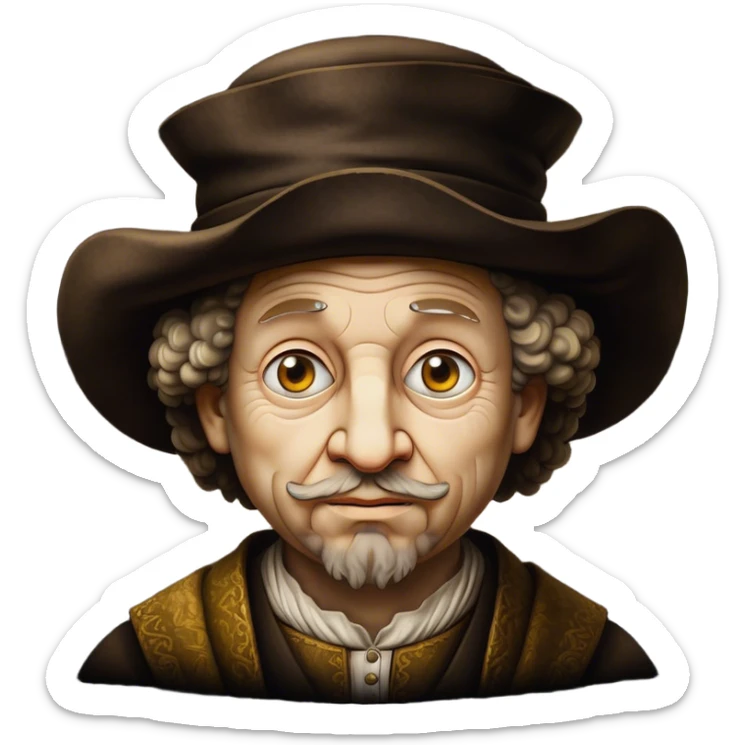 Cinematic Realistic Rembrandt Portrait Emoji, depicted as a master painter with deep reflective eyes and dramatic chiaroscuro, rendered with intricate textures and moody historic lighting that captures his timeless artistry. sticker