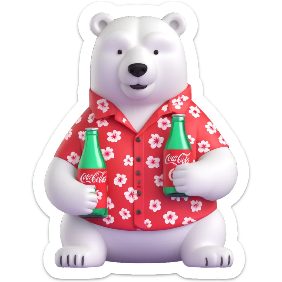 polar bear in a Hawaiian shirt decorated with Coke bottles, holding and drinking a Coca-Cola sticker