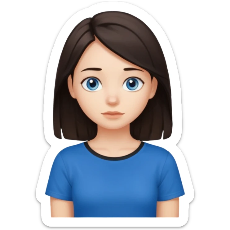 Girl with dark brown hair thats about shoulder lenght with blue eyes putting two hands on their neck in a black tshirt sticker