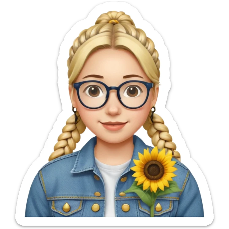 A bespectacled girl with a braided ponytail, a sunflower pin on her denim jacket, and a cheerful expression. sticker
