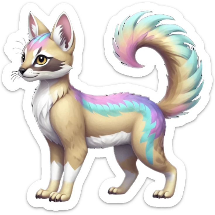 Colorful dark tropical feathery tribal pale light fruity pastel white glorious iridescent divine exotic cute cool beautiful beautiful fantasy-caracal-civet-genet-sergal-vernid-Gryphon-Cacomistle-Trico-oncilla-animal-Fakémon-hybrid-fursona (full body) sticker