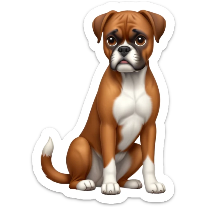 cinematic-[boxer dog]-realistic-full-body-sitting-emoji,-tail-resting-loosely-beside-its-paws,-head-tilted-dramatically,-sleek-[brown]-fur,-simplified-yet-realistic-focused-features,-highly-detailed,-glowing-with-an-almost-sarcastic-glow sticker