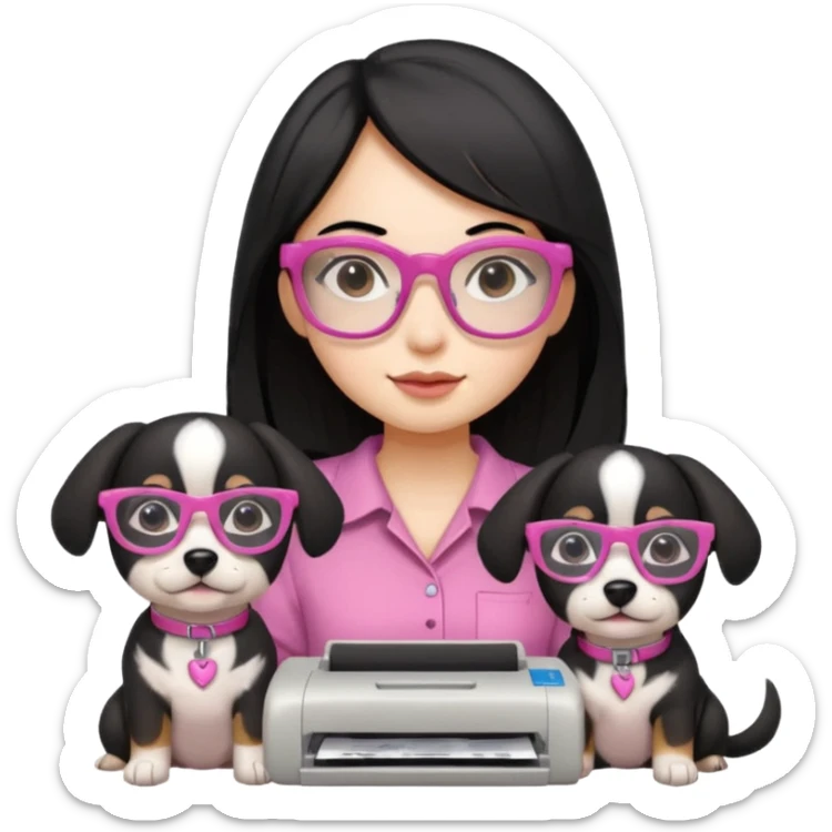 Una chica con pelo negro y lentes rosados con una impresora y dos perras una cajeta y la otra negra sticker
