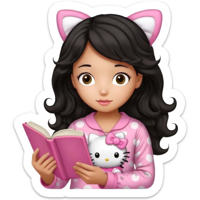 Chica peli negra  cabello ondulado tes trigueña con una pijama rosa de hello kitty leyendo un libro rosa de haditas  sticker