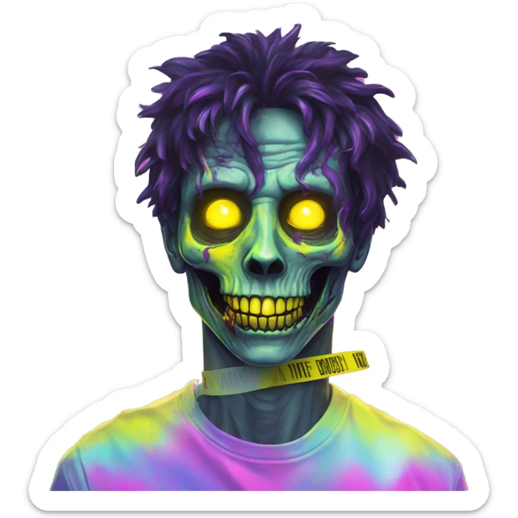 .Zombie_ Vaporwave black holographic oilslick zombie unicorn yellow caution tape sticker