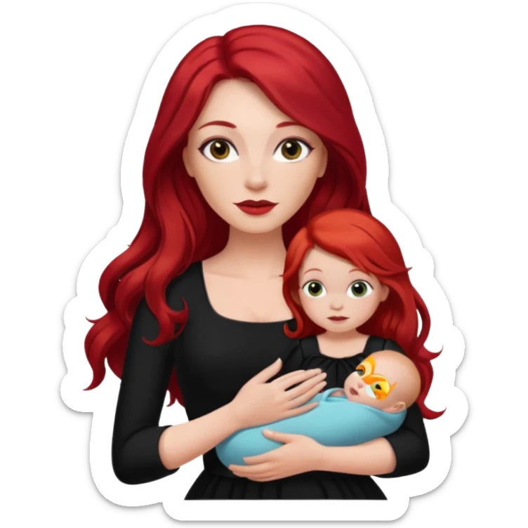 White woman in black dress with long red hair and makeup holding one baby sticker