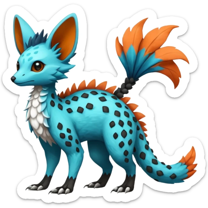 Beautiful pretty cool edgy elegant realistic Feral Rare Fantasy colorful vibrant Vernid-Trico-species-Fakemon-creature by LiLaiRa, random markings, tufted tail, tufted ears, full body sticker