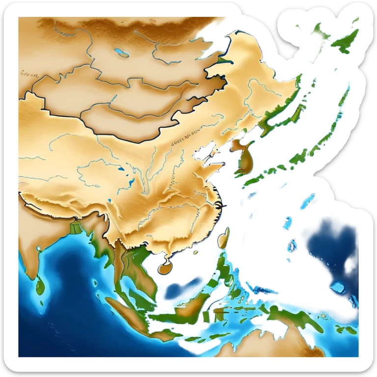 Cinematic-realistic outline of china, featuring its distinct landmass with accurately defined coastlines. The deep blue ocean surrounds the golden-brown continent, with subtle topographic shading to highlight its terrain. A soft glowing effect enhances the edges, making the shape stand out against a neutral, textured background. sticker