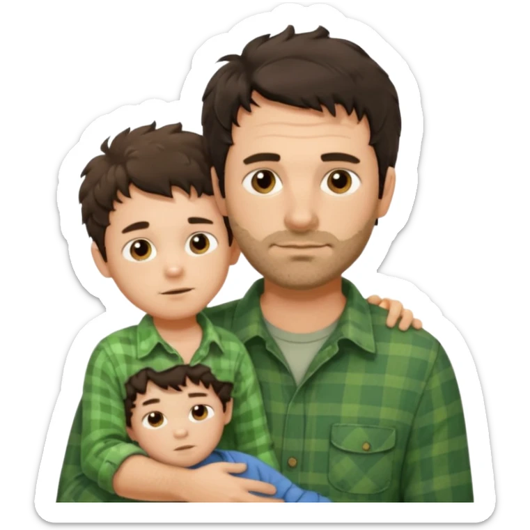 A father with messy medium-length dark hair and light stubble, wearing a green flannel shirt. He holds his one child who has short curly brown hair and a cream-colored romper. Cozy warm lighting, authentic family moment. sticker
