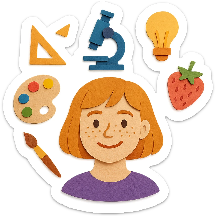 light-skinned woman, strawberry blonde page haircut, round face, freckles, smiling, surrounded by art and research symbols sticker