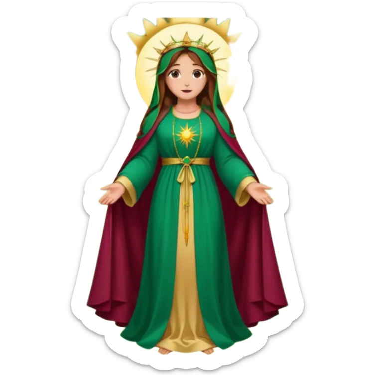 fullbody Virgin Mary back view long brown hair emerald green robe with gold stars burgundy dress halo big sun behind colorful roses on the sides sticker
