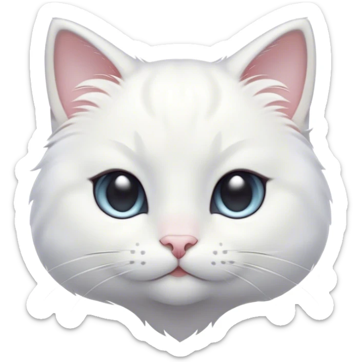 Cinematic Cute White Cat Portrait Emoji, Head tilted with a soft, gentle smile and sparkling eyes, featuring a silky, pristine white fur with subtle silver highlights, simplified yet irresistibly adorable, highly detailed, glowing with a warm, snowy glow, high shine, radiating affectionate charm and tender grace, styled with a light, playful outline, capturing the essence of a cute white cat that looks as if it could melt your heart with a single blink! sticker