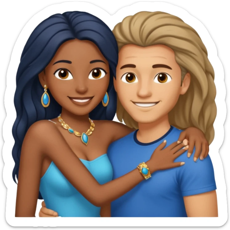 smiling embracing interracial couple from waist up. ebony woman with long hair and jewelry. brazillian man short hair wearing blue. sticker