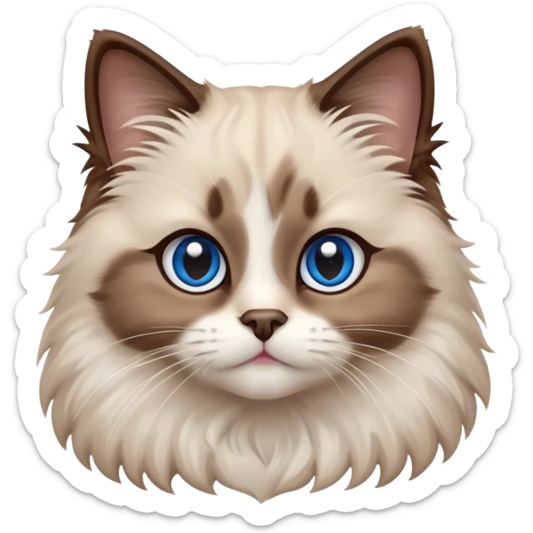 cinematic-adorable-fluffy-brown-ragdoll-cat-portrait-emoji,-head-tilted-cutely-with-big,-sparkling-blue-eyes,-soft-brown-and white-colored-fur-with-darker-points-on-the-ears,-face,-and-paws,-simplified-yet-irresistibly-adorable-features, sticker