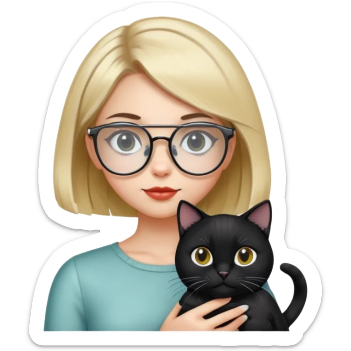 a girl with a bob, with hairpins on the sides, and with transparent glasses. holds a black cat in her arms sticker
