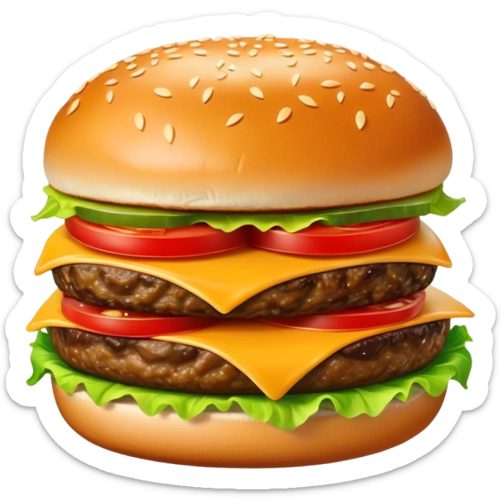 Cinematic juicy cheeseburger, perfectly grilled patty, melted cheese, crisp lettuce, tomatoes, and pickles, soft sesame seed bun, glossy and rich, warm glowing background, ultra-detailed and appetizing. sticker