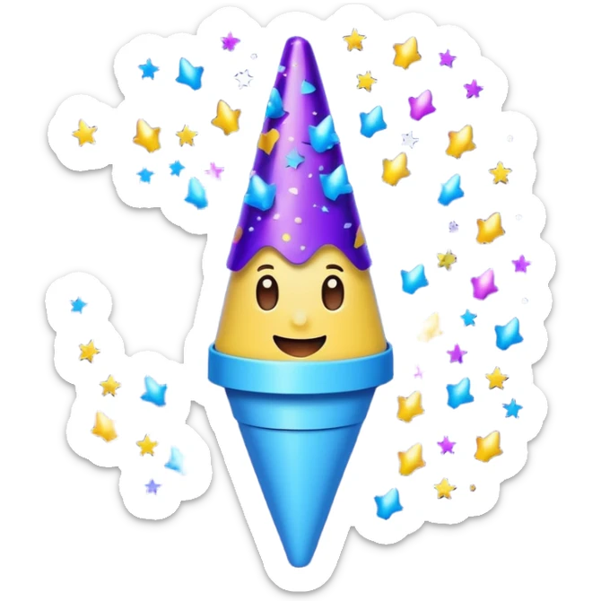 Emoji with glowing cone-shaped confetti popper, purple and blue colors emitting confetti and glitter, creating a bright festive atmosphere sticker