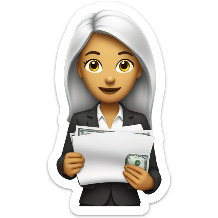 business woman with a piece of paper in the one hand and money in the other sticker