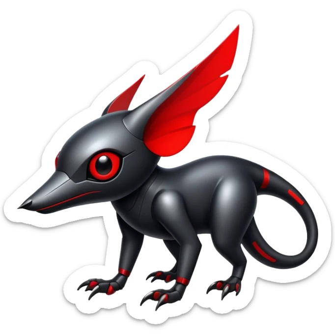 Modern futuristic black dark fakemon-animal-creature with red accents sticker