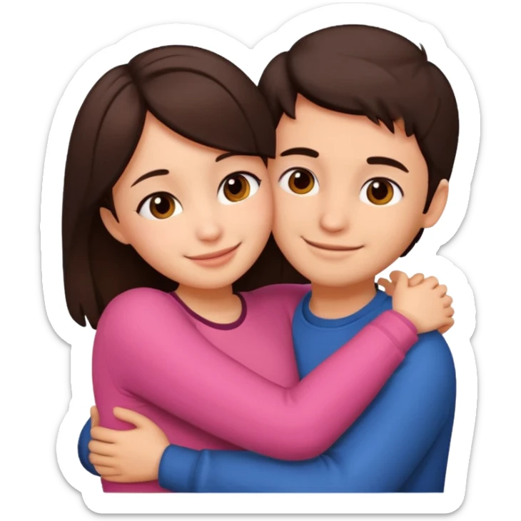 Girl and boy couple Both peach skin and darkish brown hair hugging emoji leaning on eachother sticker