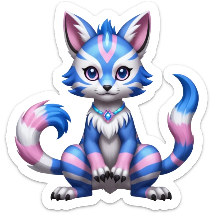 Black and pink-striped Colorful Skilled Adept Graceful Asian Painted WereGarurumon-Meloetta-Ursaring-Furret-fusion-hybrid-creature (full body) with cobalt-sapphire-blue rings around eyes, tufted lynx ears sticker
